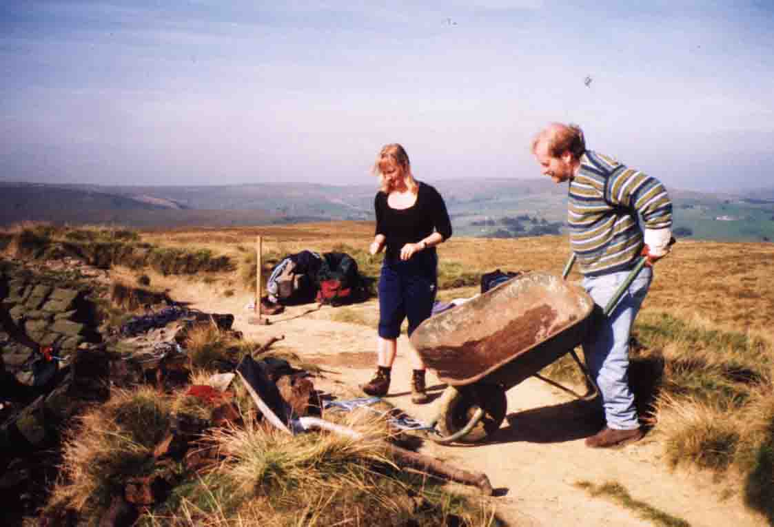 Group members carrying out wall repairs